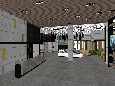 Modern Sales Office Interior Design With Reception Counter Hanging Pendant Lights Showcase Area And Spacious Layout 3d model