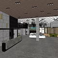 Modern Sales Office Interior Design With Reception Counter Hanging Pendant Lights Showcase Area And Spacious Layout