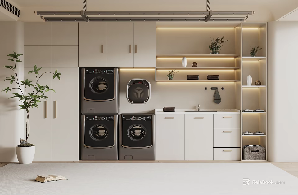 Modern Laundry Room Interior With White Cabinets Stacked Washing Machines Dryers Shelves And Green Plants 3d model 
