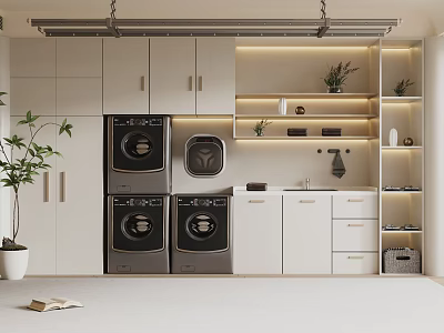 Modern Laundry Room Interior With White Cabinets Stacked Washing Machines Dryers Shelves And Green Plants 3d model