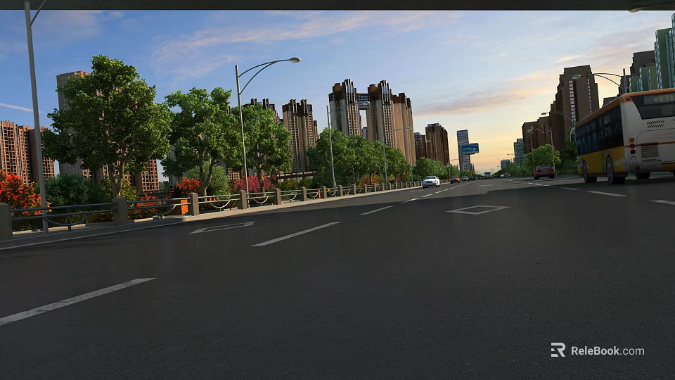 Urban Road Facilities With Street Lamps Lane Markings Trees Alongside High Rise Buildings And Vehicles 3d model 