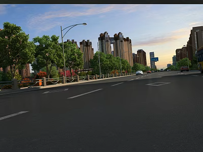 Urban Road Facilities With Street Lamps Lane Markings Trees Alongside High Rise Buildings And Vehicles 3d model