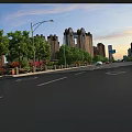 Urban Road Facilities With Street Lamps Lane Markings Trees Alongside High Rise Buildings And Vehicles