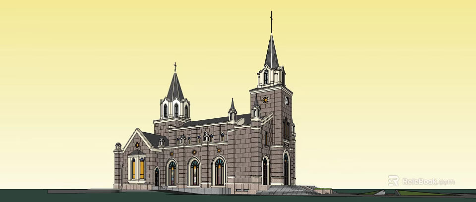 Ancient Church Architecture Featuring Clock Tower Pointed Spires Arched Windows And Stone Brick Structure 3d model