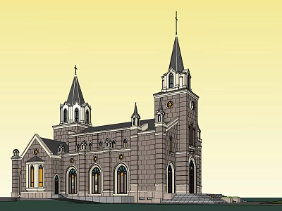 Ancient Church Architecture Featuring Clock Tower Pointed Spires Arched Windows And Stone Brick Structure 3d model