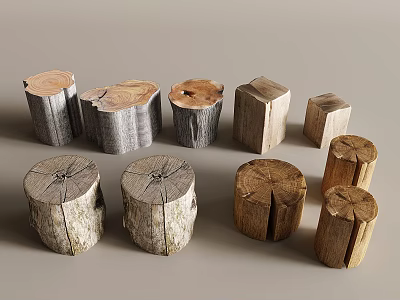 Natural Wood Tree Stump And Square Shaped Wooden Stools Various Designs Rustic Texture 3d model