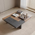 Modern Coffee Table With Dark Wood Panel Tray Books Glass Cups And Beige Rug