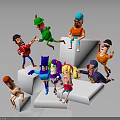 Multiple Cartoon Characters Interacting On White Geometric Blocks With Various Poses