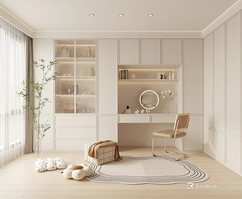 Elegant White Closet Interior Design With Dressing Table Mirror Chair And Rug 3d model 