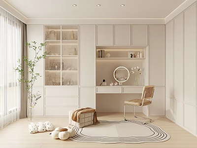Elegant White Closet Interior Design With Dressing Table Mirror Chair And Rug 3d model