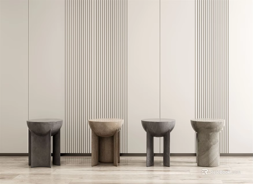 Modern Stools In Various Colors Against Vertical Striped Wall And Light Floor 3d model