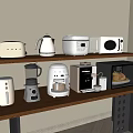 Essential Kitchen Appliances Arranged On Wooden Shelf Including Toaster Kettle Blender And Microwave