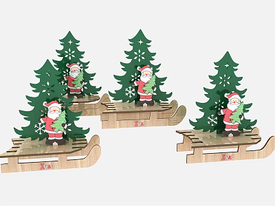 Festive Christmas Decorative Ornament Set with Green Trees Santa Claus and Wooden Sleigh Snowflake Decorations 3d model