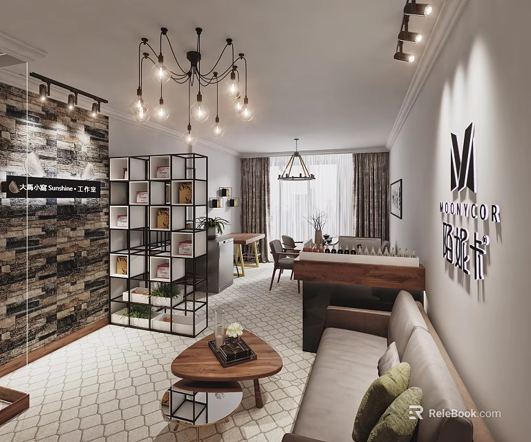 Public Office Space Interior Design With Brick Wall Sofa Coffee Table Bookshelf And Chandelier 3d model 