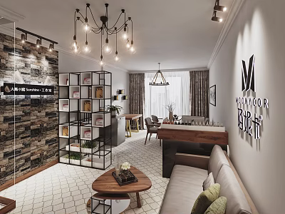 Public Office Space Interior Design With Brick Wall Sofa Coffee Table Bookshelf And Chandelier 3d model