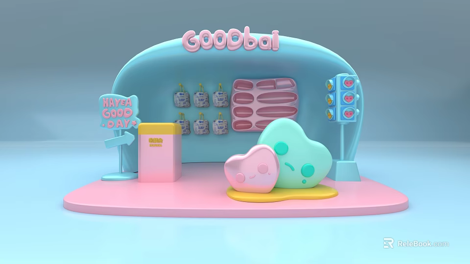 Goobai Display Scene With Pink Blue Background And Cute Soft Shaped Characters 3d model 