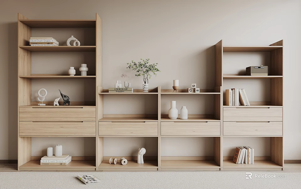 Modern Light Wood Bookcase With Multiple Shelves Drawers And Decorative Items 3d model