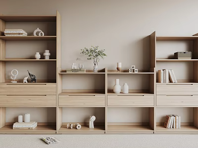 Modern Light Wood Bookcase With Multiple Shelves Drawers And Decorative Items 3d model