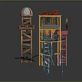 Industrial Scaffolding Structure With Red Tools Yellow Tool Shelf And Metal Workbench