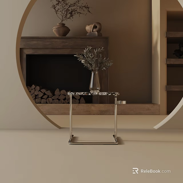 Sleek Metal Frame Side Table Near Fireplace With Stacked Firewood And Olive Branch Vase 3d model 