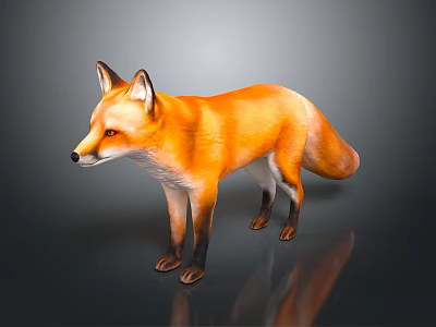 Orange Fox With Pointed Ears And Busky Tail Standing Against Dark Background With Reflection 3d model