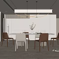 Modern Dining Room Interior With Round White Table Chairs Pendant Lights Vase Flowers Light Wall