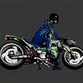 Green Sporty Motorcycle With Rider Wearing Blue Suit With Green Patterns And Helmet
