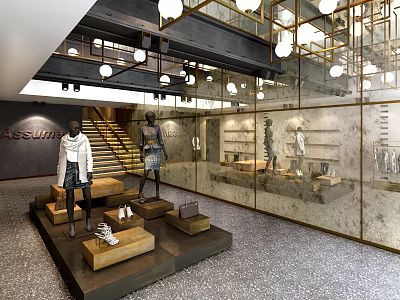 Modern Clothing Store Interior With Mannequins Display Platforms And Glass Walls 3d model