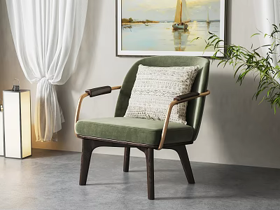 Single Sofa with Green Upholstery Wooden Armrests Legs and Decorative Pillow in Modern Living Room 3d model