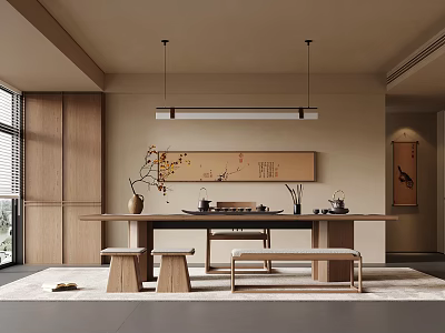 Traditional Tea Room Interior with Long Wooden Table Wooden Stools Calligraphy Scroll And Hanging Lamp 3d model