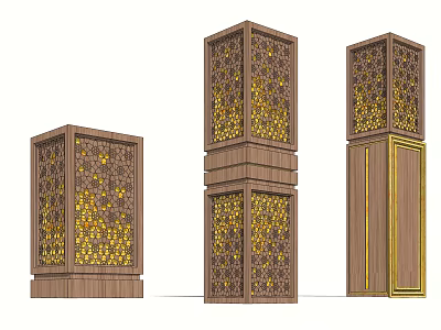 Outdoor Lights With Wooden Structure Intricate Cutout Patterns Golden Accents Various Heights 3d model