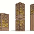 Outdoor Lights With Wooden Structure Intricate Cutout Patterns Golden Accents Various Heights