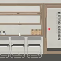 Retro Design Kitchen Space With Wooden Cabinet Glass Door And Long Table Chairs