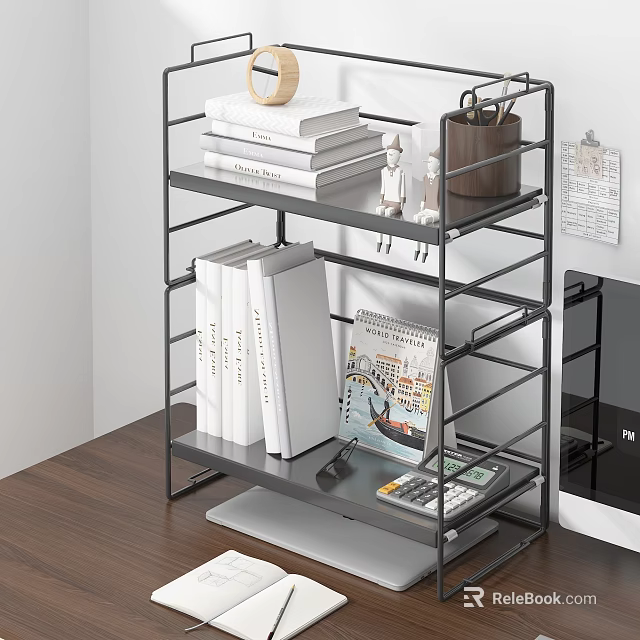 Sturdy Metal Storage Shelf with Books Notebook Calculator and Small Decor on Office Desk 3d model 