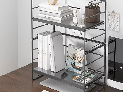 Sturdy Metal Storage Shelf with Books Notebook Calculator and Small Decor on Office Desk 3d model