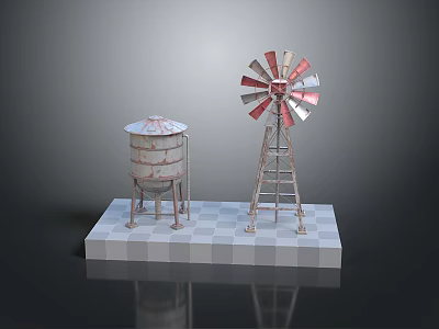 Vintage Red Silver Metal Water Tower And Windmill Models On Checkered Platform 3d model