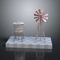 Vintage Red Silver Metal Water Tower And Windmill Models On Checkered Platform