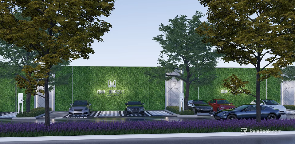Garden Landscape Design with Green Wall Tall Trees Purple Flower Beds and Parking Area 3d model 