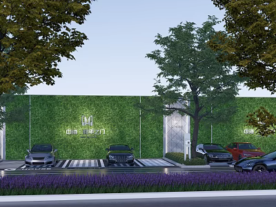 Garden Landscape Design with Green Wall Tall Trees Purple Flower Beds and Parking Area 3d model