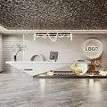 Modern Reception Area Design With White Desk Computer Copper Chandelier Circular Decor LOGO And Plants