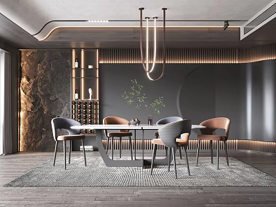 Modern Restaurant Interior With Dining Table Chairs Stone Wall Wine Rack And Pendant Lights 3d model