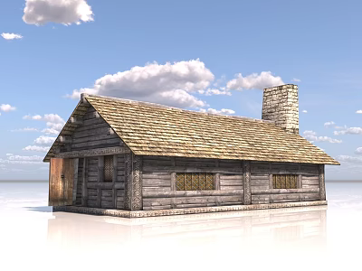 Rustic Wooden Cabin With Shingle Roof Stone Chimney And Cloudy Sky 3d model