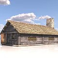 Rustic Wooden Cabin With Shingle Roof Stone Chimney And Cloudy Sky