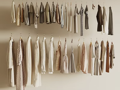 Assorted Stylish Clothes Hanging Neatly On Hangers Against Beige Wall 3d model