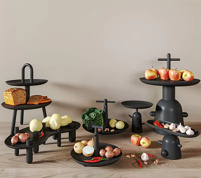 Fresh Fruits On Multi Tier Black Display Stands with Assorted Produce and Bread 3d model