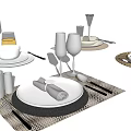Modern Stylish Dinnerware Set With Ceramic Plates Glass Cups Metal Utensils And Linen Placemats