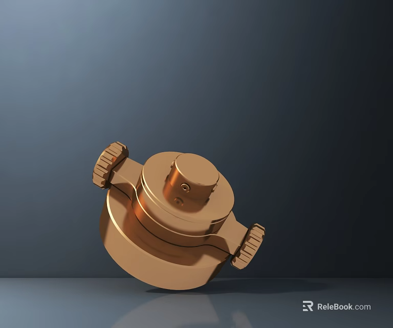 Golden Metallic Mechanical Part With Circular Base And Side Knobs On Dark Background 3d model 