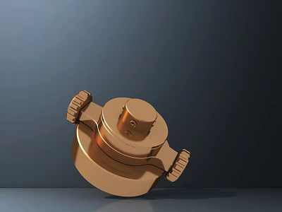 Golden Metallic Mechanical Part With Circular Base And Side Knobs On Dark Background 3d model