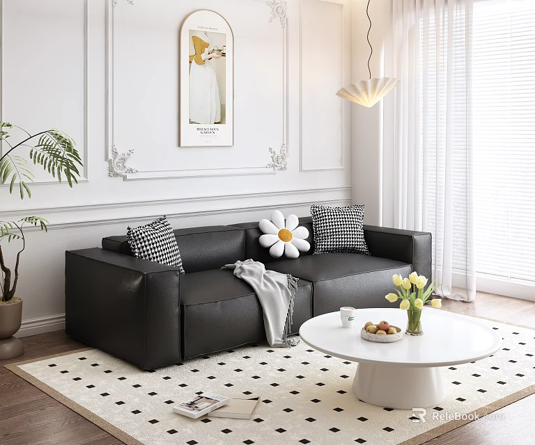 Black Two Seater Sofa With Checkerboard Flower Pillows Gray Throw White Coffee Table Green Plant 3d model 