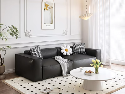 Black Two Seater Sofa With Checkerboard Flower Pillows Gray Throw White Coffee Table Green Plant 3d model